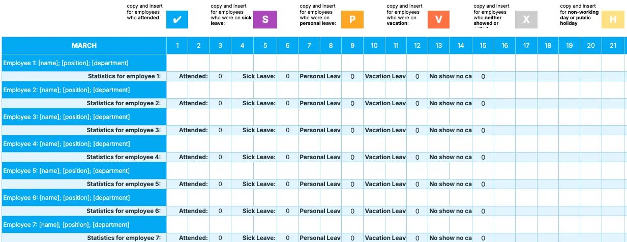 Yearly employee attendance template