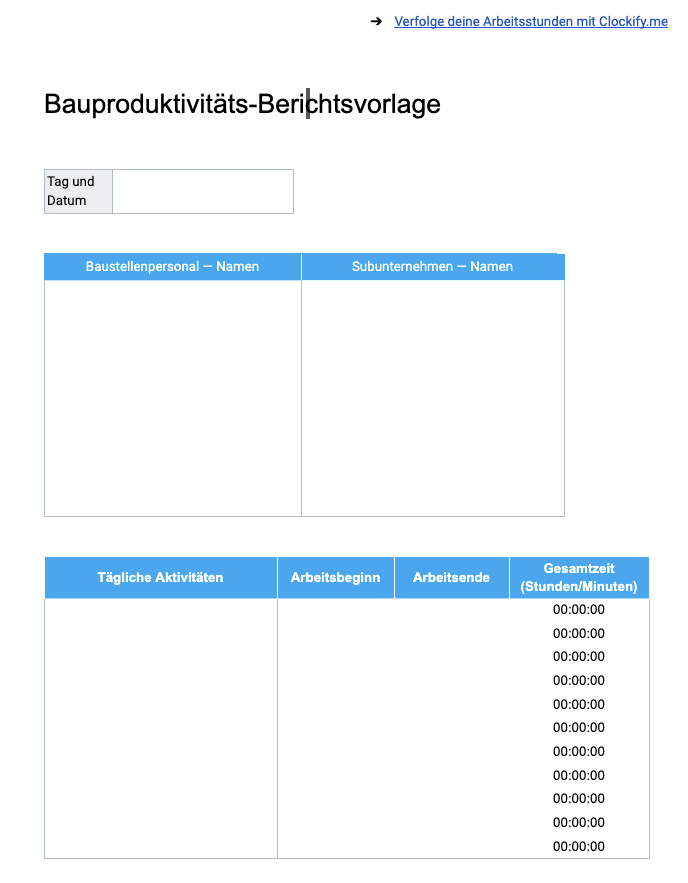 Bauproduktivitäts-Berichtsvorlage