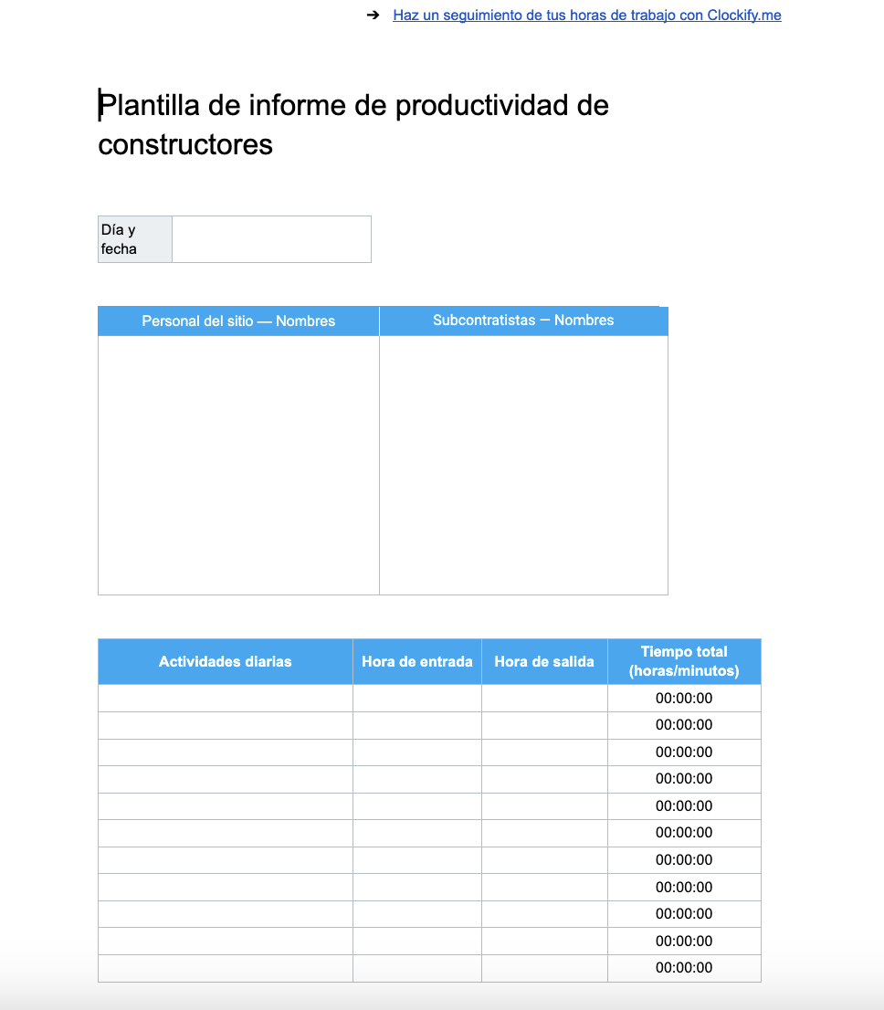 Plantilla de informe de productividad de constructores