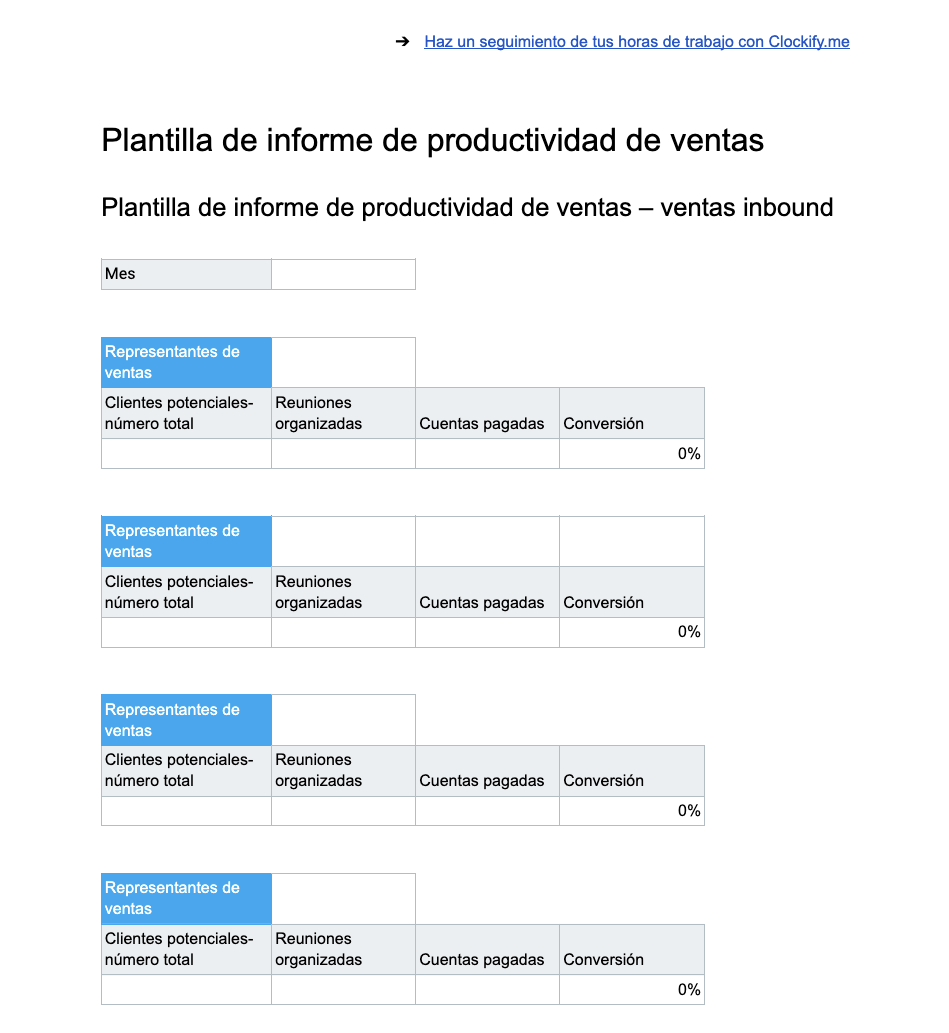 Plantilla de informe de productividad de ventas