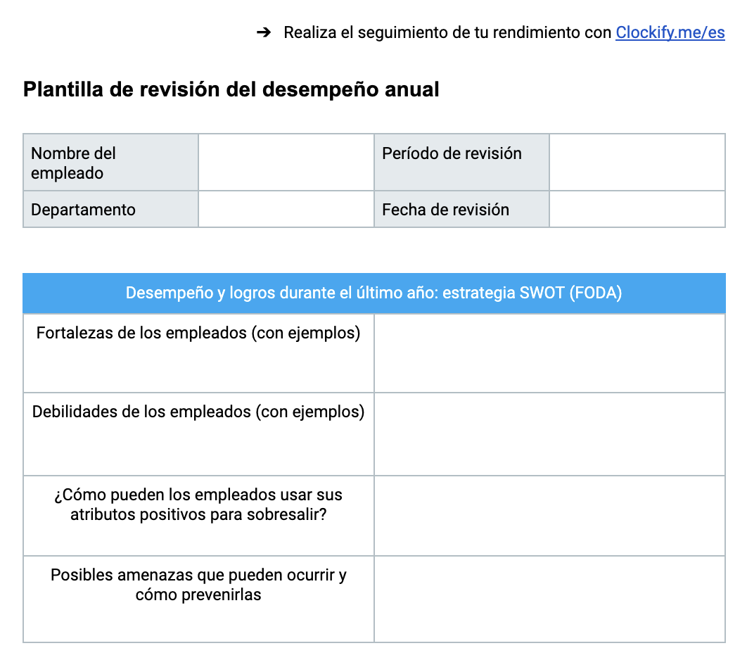 Plantilla de revisión del desempeño anual