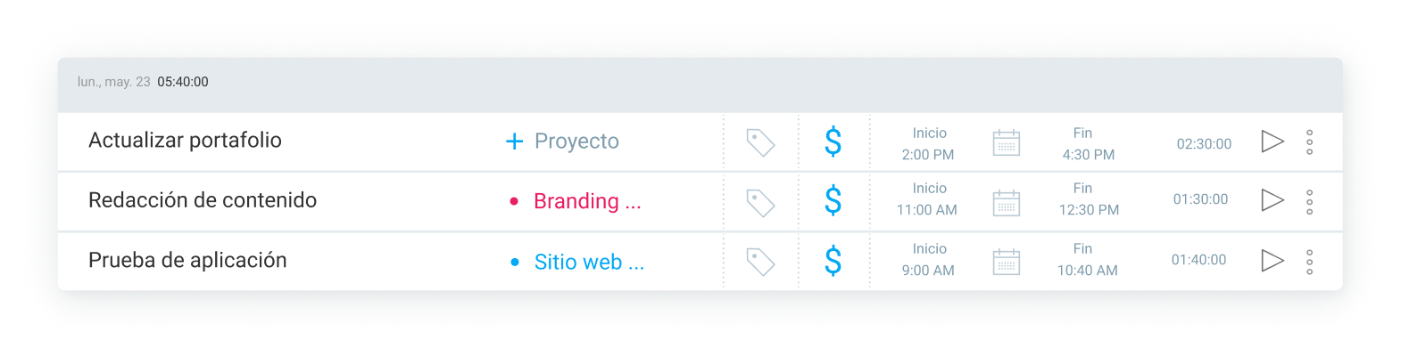Entradas de tiempo facturables y no facturables en Clockify