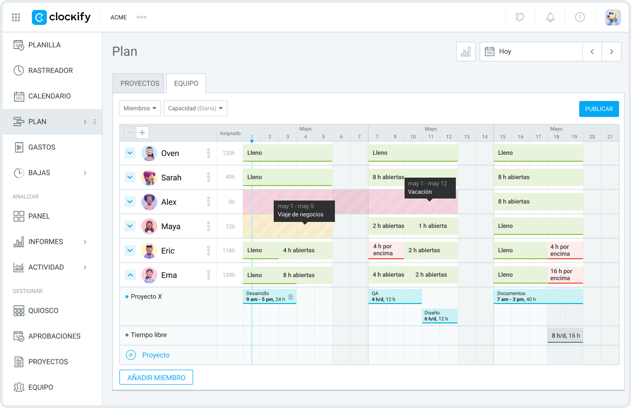 Software de planificación de empleados - Clockify, captura de pantalla