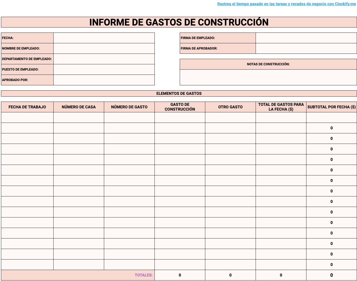 Vista previa de la Plantilla de informes de gastos de construcción