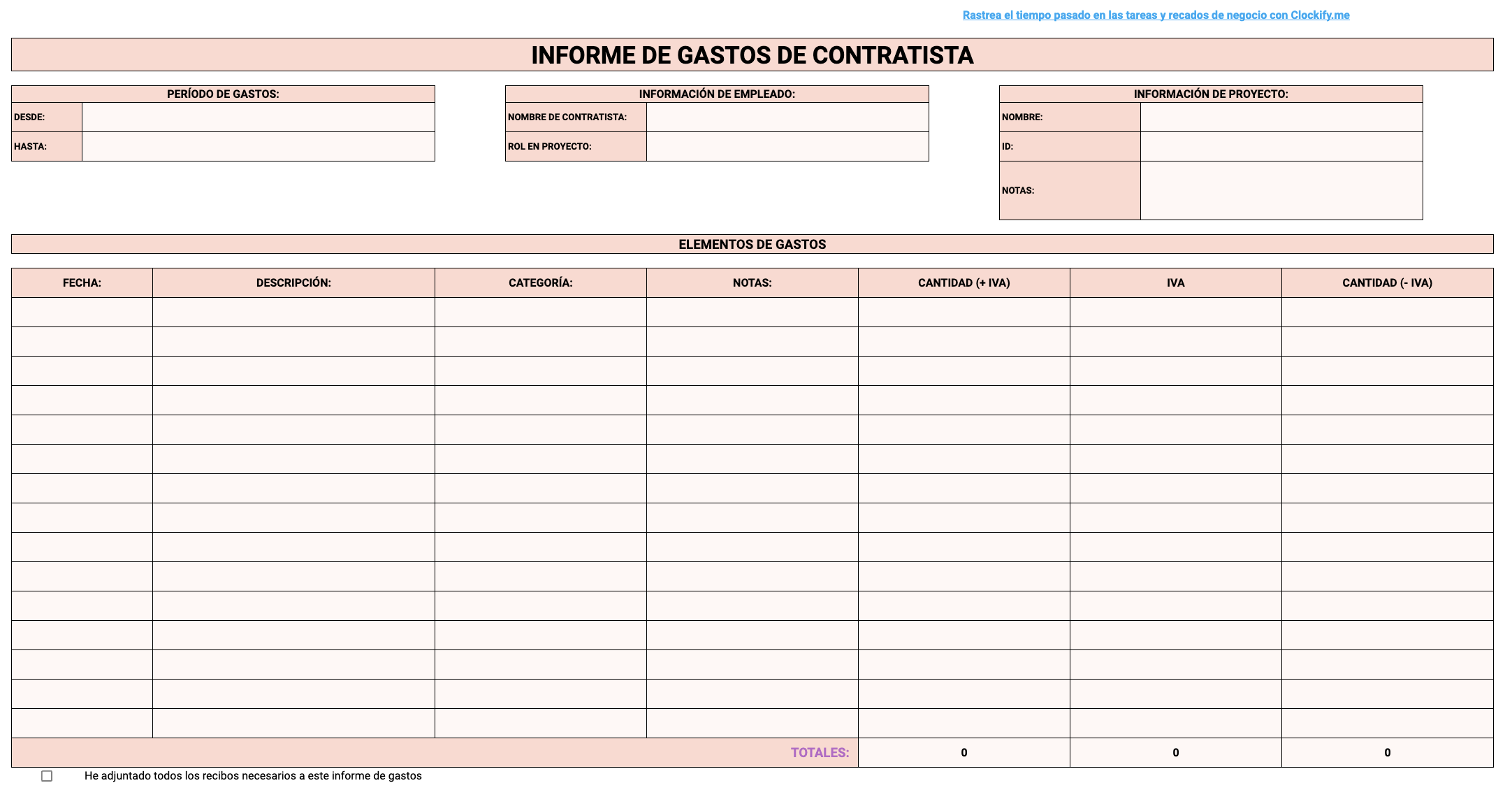 Vista previa de la Plantilla de informes de gastos de contratistas