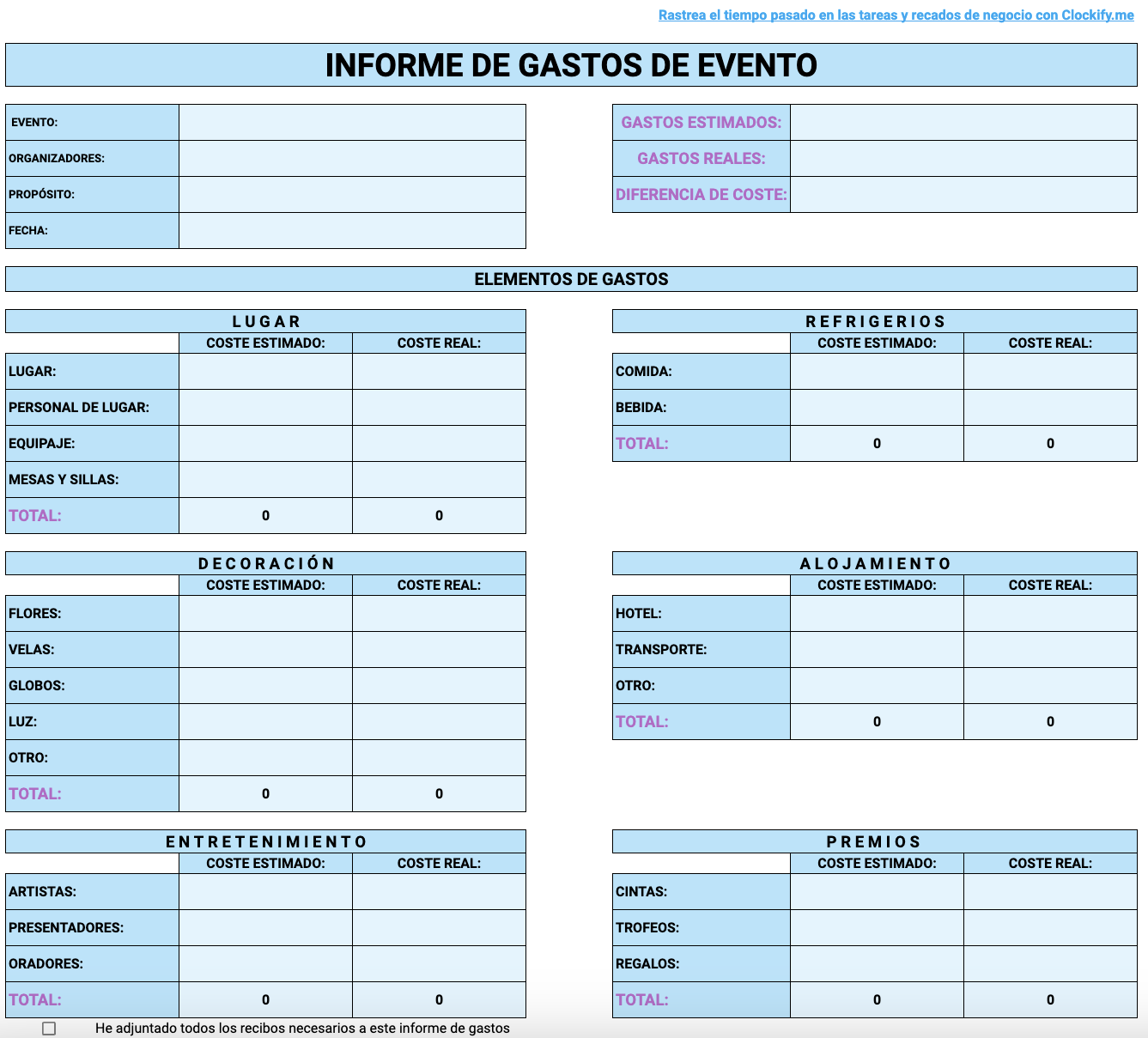 Vista previa de la Plantilla de informes de gastos de eventos