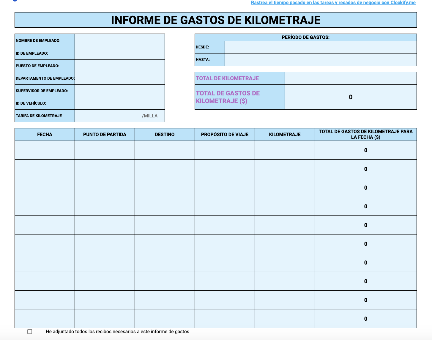 Vista previa de la Plantilla de informes de gastos de kilometraje