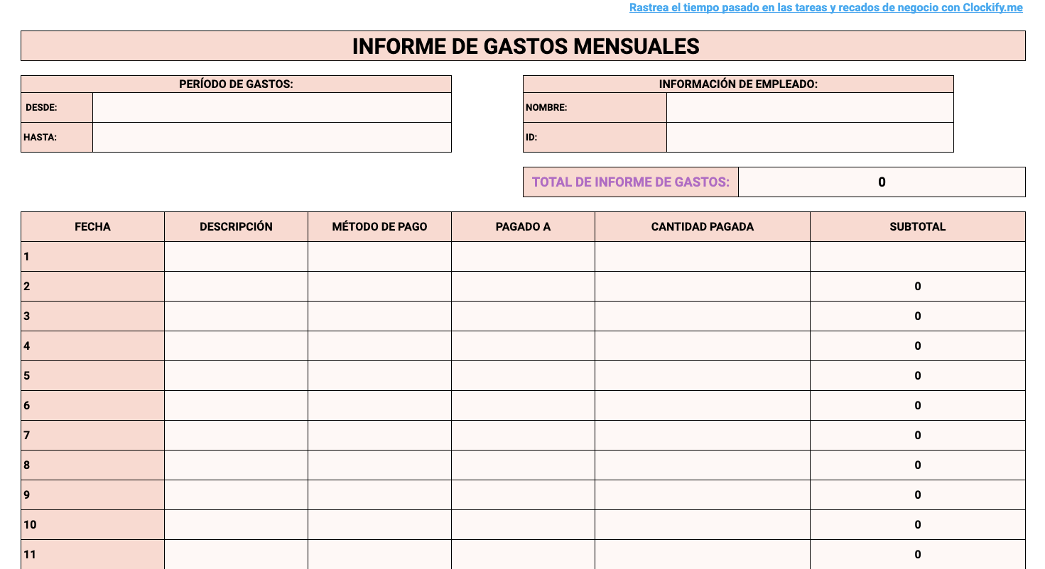 Vista previa de la Plantilla de informes de gastos mensuales