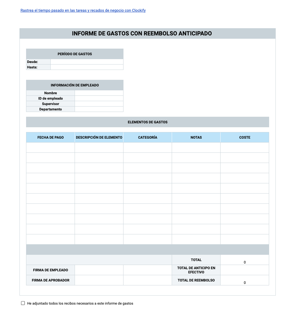 Vista previa de la Plantilla de informes de gastos con reembolso anticipado