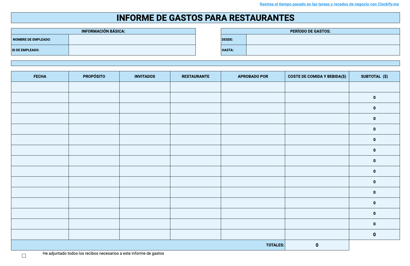 Vista previa de la Plantilla de informes de gastos para restaurantes