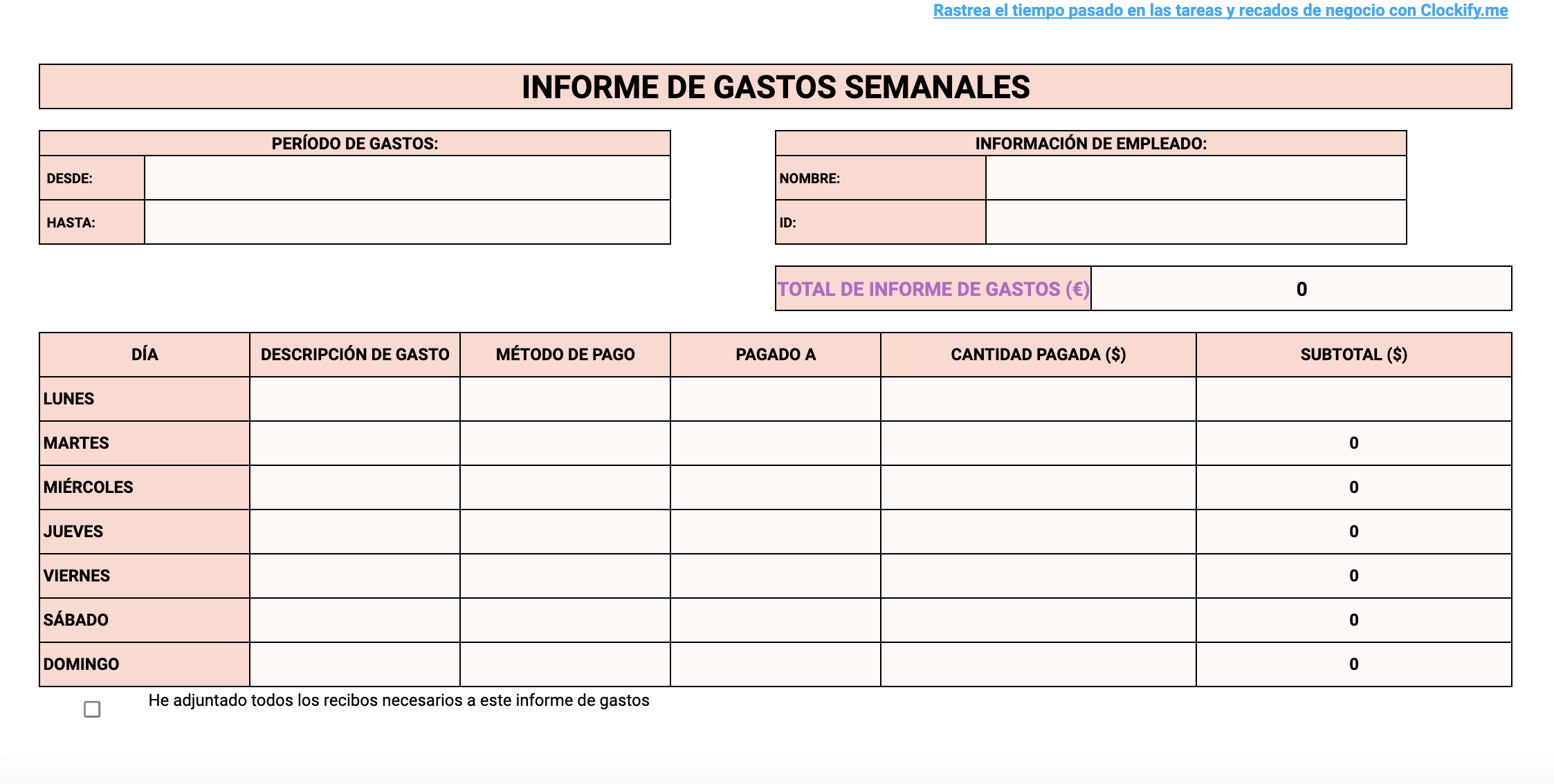 Vista previa de la Plantilla de informes de gastos semanales