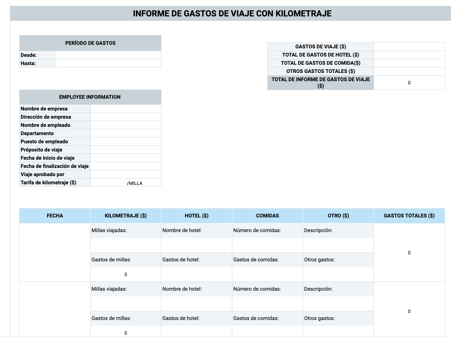 Vista previa de la Plantilla de gastos de viaje con kilometraje