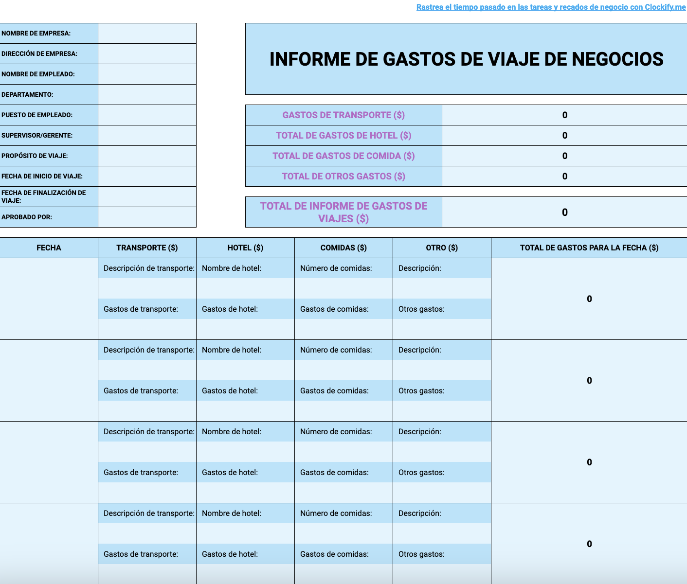 Vista previa de la Plantilla de informes de gastos de viajes de negocios