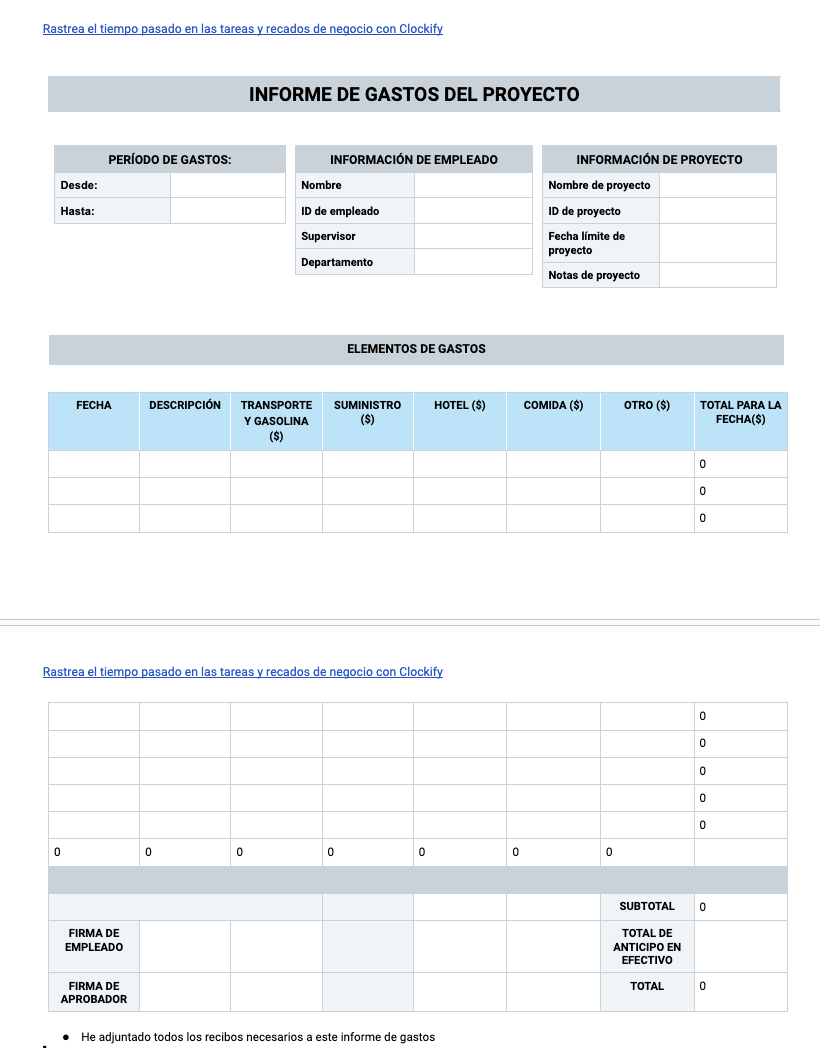 Vista previa de Plantilla de informes de gastos del proyecto