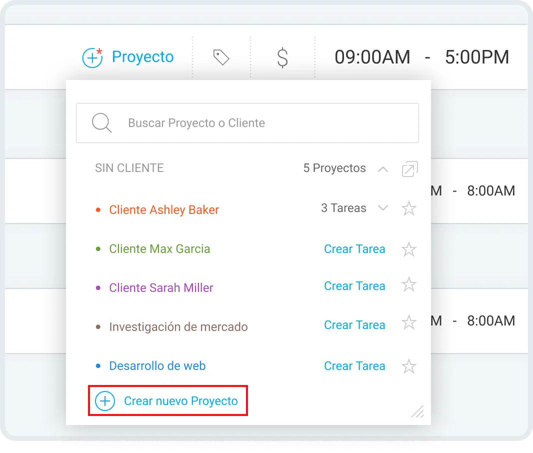 Crea instantáneamente proyectos y tareas relacionadas en Clockify