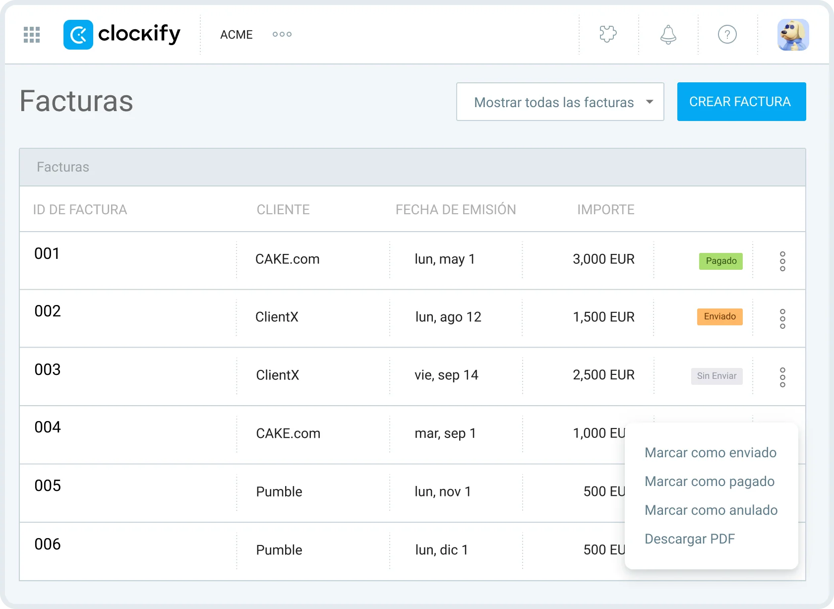 Crea facturas en Clockify