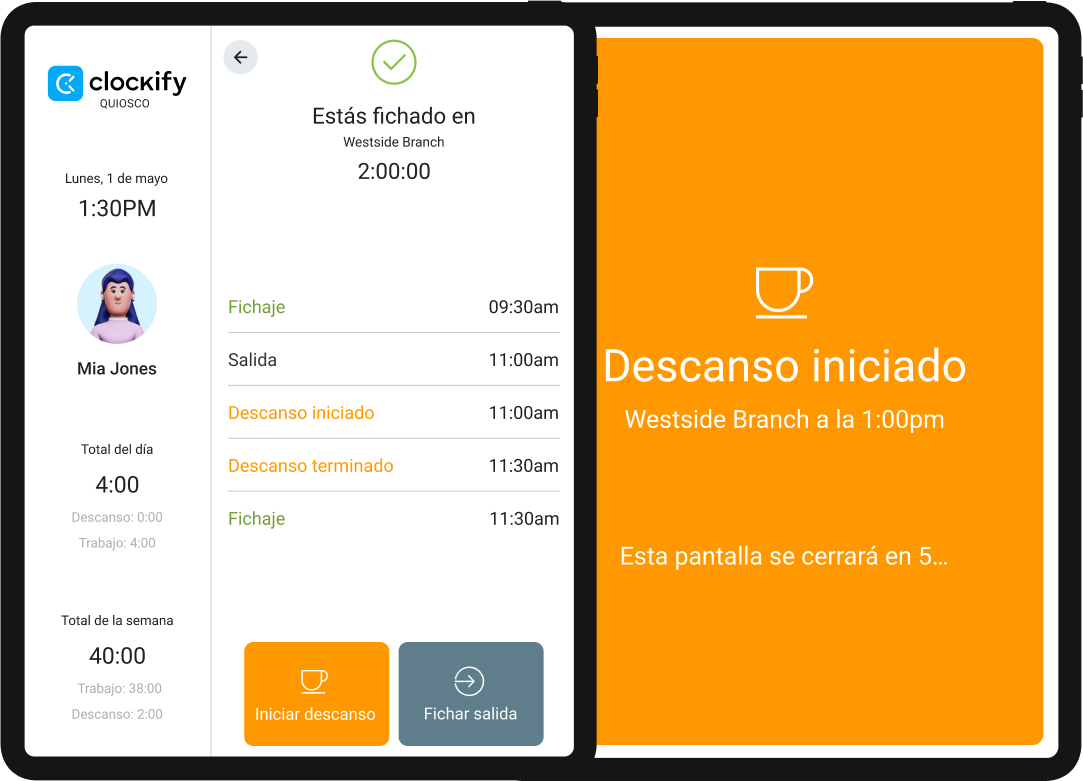 Modo quiosco en tableta: descanso iniciado