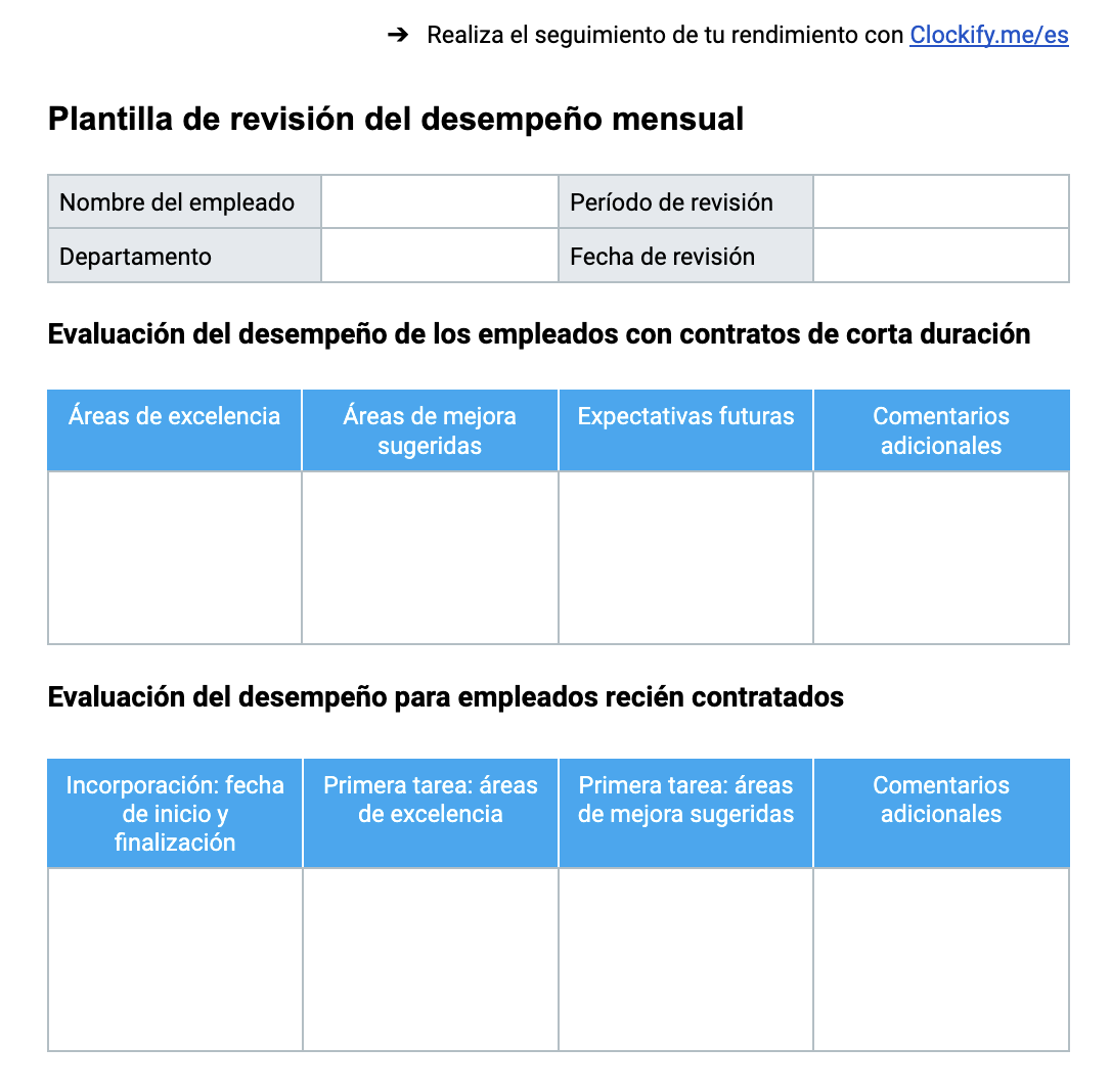 Plantilla de revisión del desempeño mensual