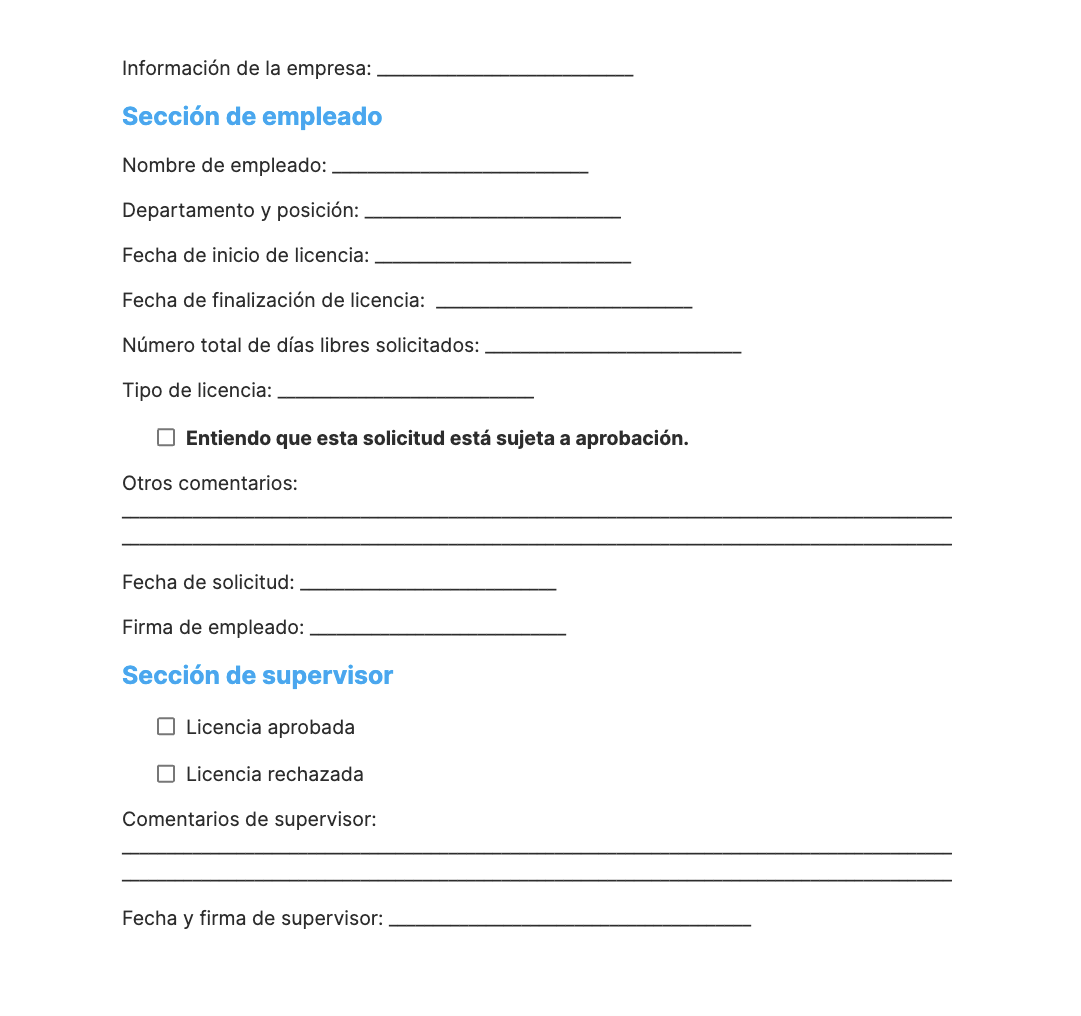 Captura de pantalla de formulario básico de solicitud de tiempo libre