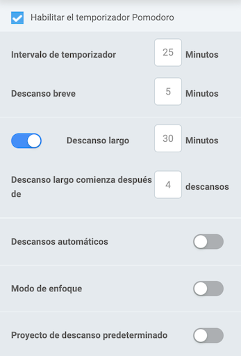 Temporizador Pomodoro: configuración de temporizador Pomodoro