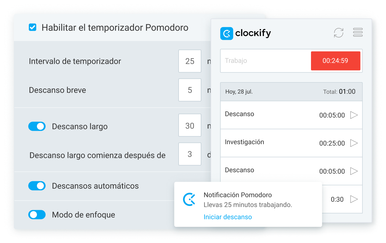 Aplicación de temporizador Pomodoro, captura de pantalla