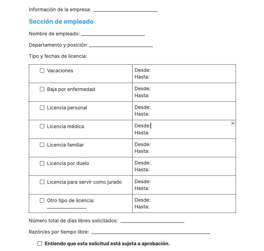 Captura de pantalla de formulario básico de solicitud de tiempo libre