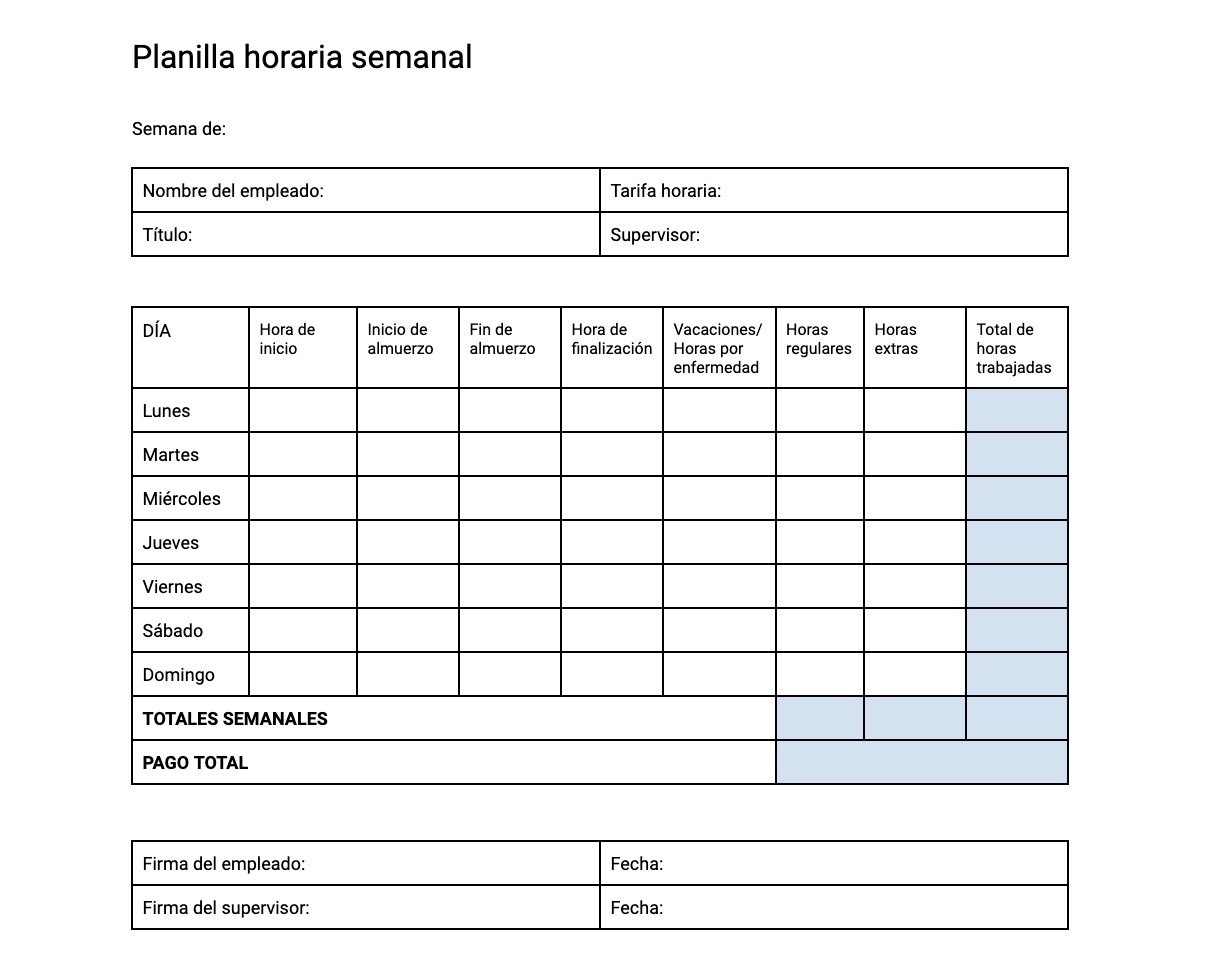 Plantilla de planilla de horarios semanal