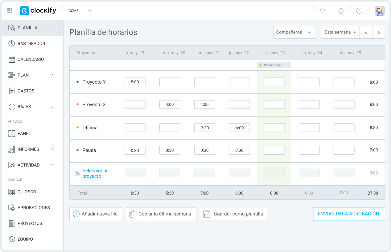 Planilla de horarios de Clockify