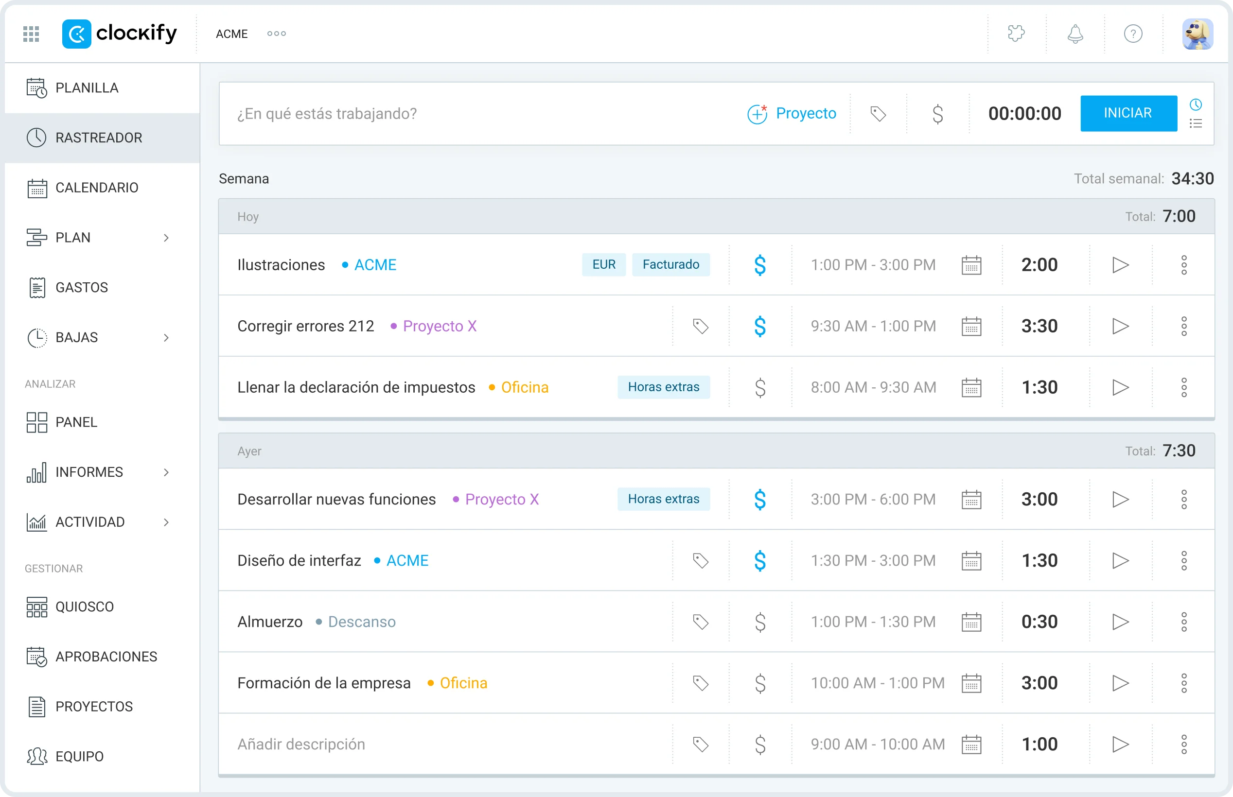Sigue el tiempo en los proyectos (en color) en Clockify