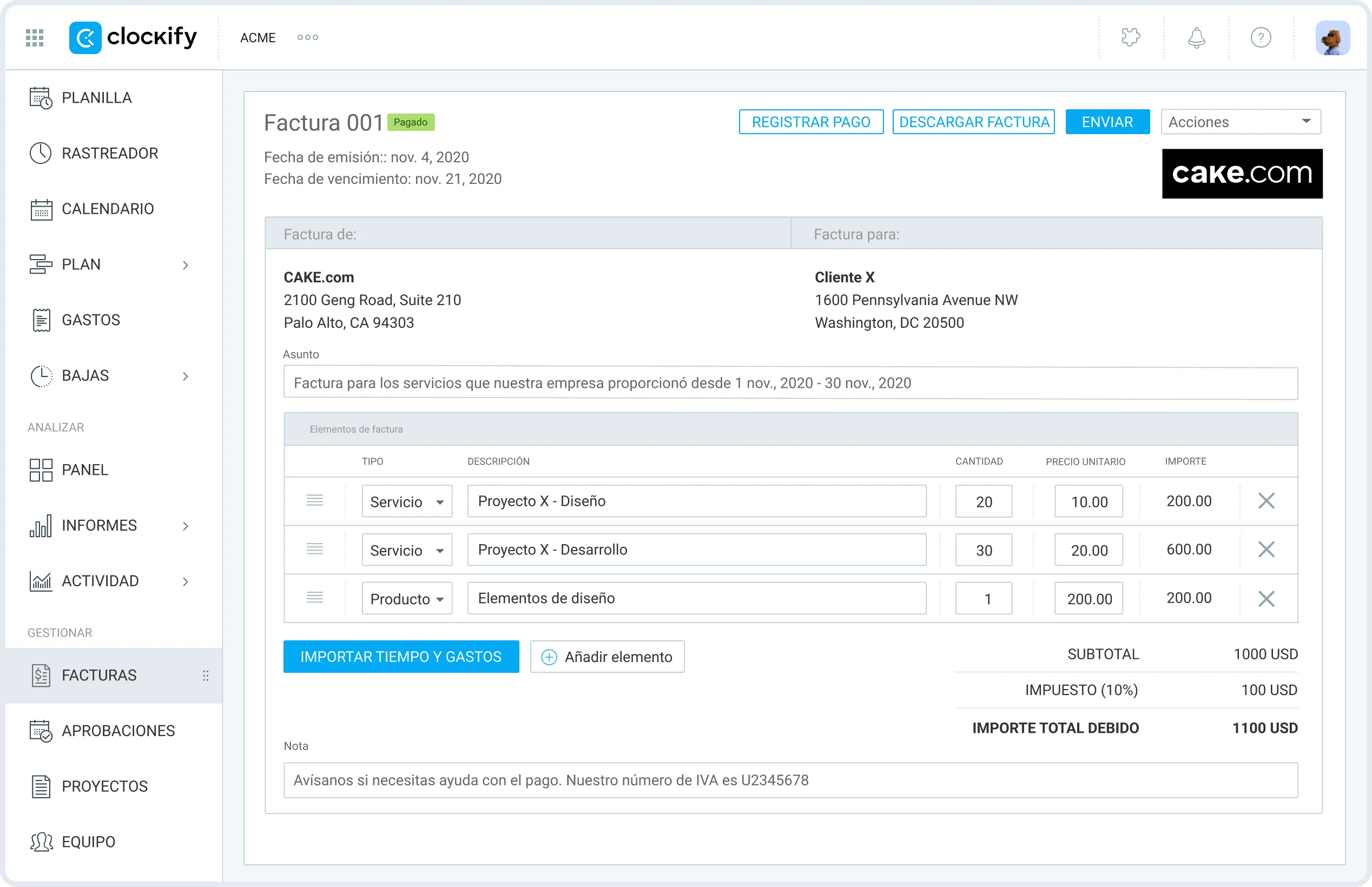 Integración de control del tiempo y facturación para Xero