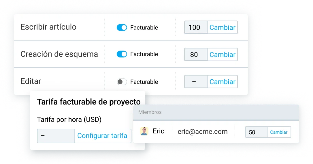 Configura tarifas por hora para empleados y proyecto para facturación de tiempo
