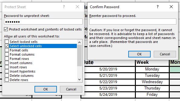 adicionando uma senha para proteger a planilha