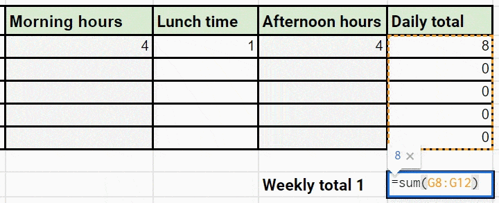 adding daily working hours to calculate weekly total gif