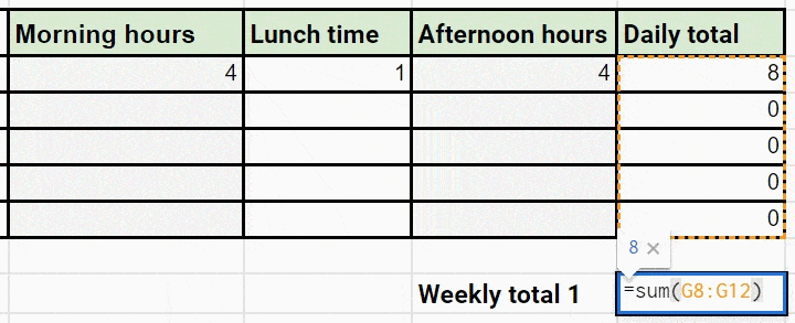 adicionando horas de trabalho diárias para calcular o gif total semanal