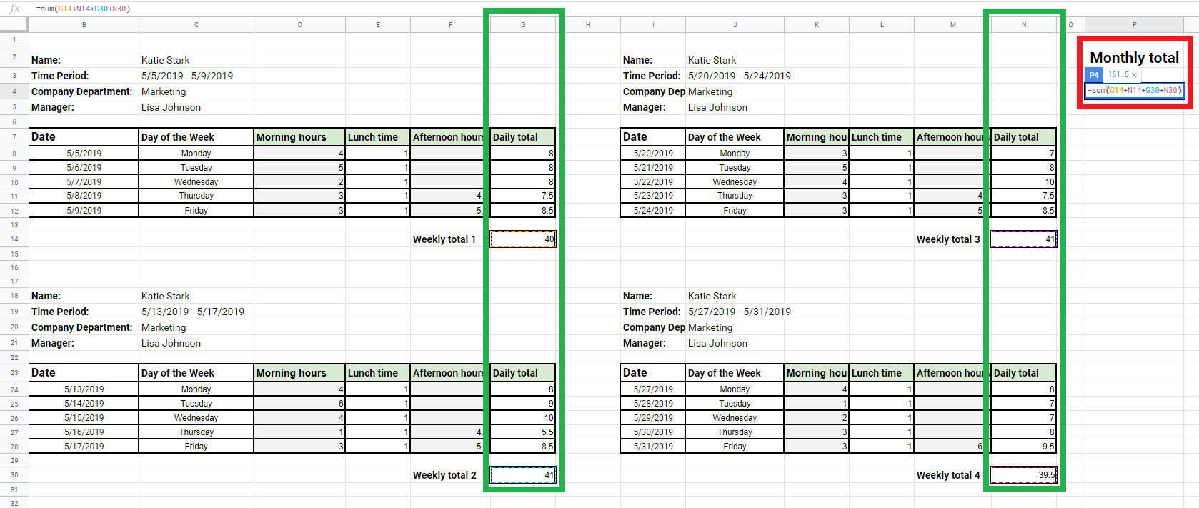 imagem de visualização da fórmula do horário de trabalho mensal