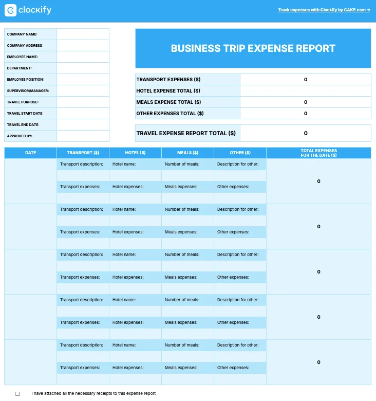Business trip expense report template