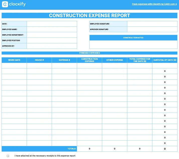 Construction expense report template
