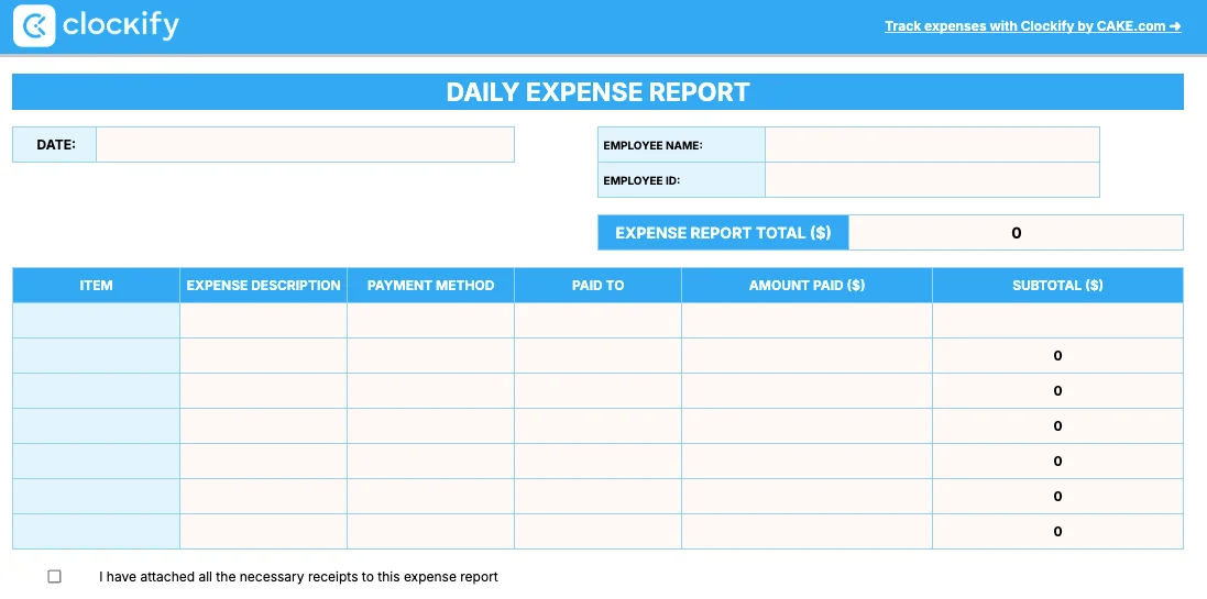Daily expense report template
