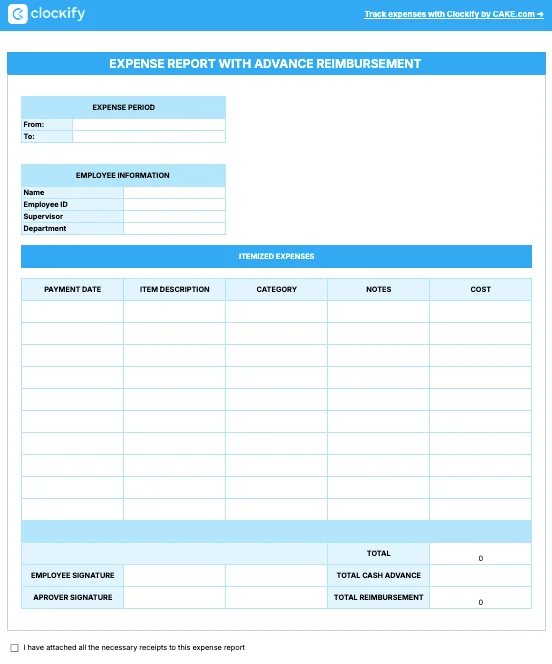 Expense report with advance reimbursement template