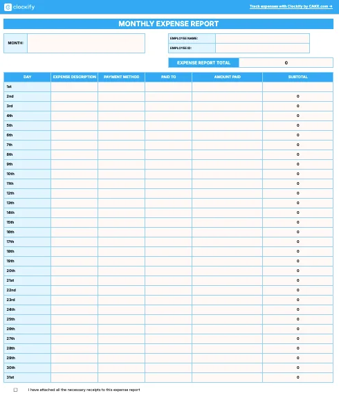 Monthly expense report template