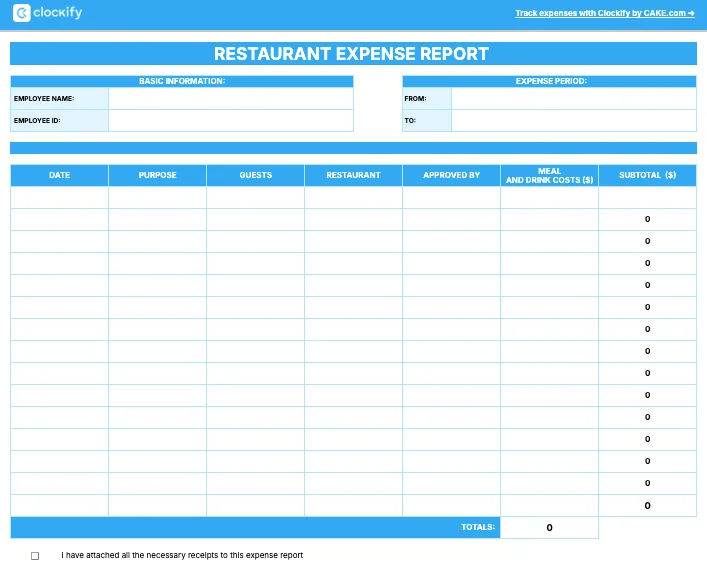 Restaurant expense report template
