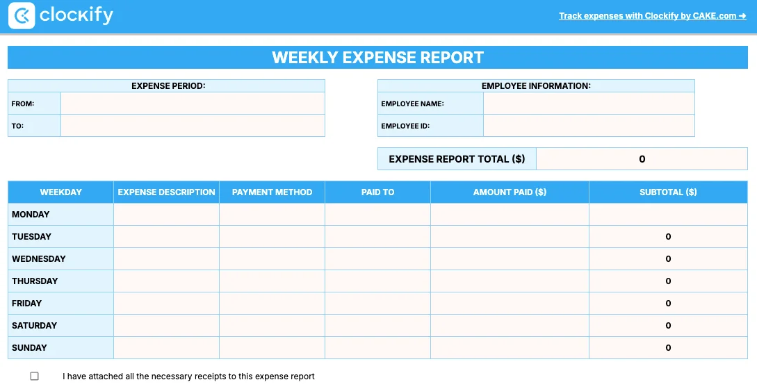 Weekly expense report template