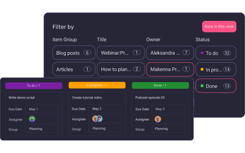 Rastreamento e filtros de progresso do Plaky