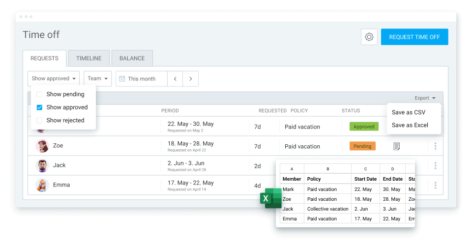 Exporting pending, approved, and rejected time off requests