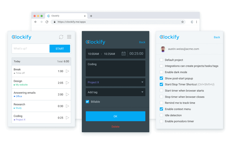 Clockify como uma extensão do navegador para Chrome, Firefox e Edge