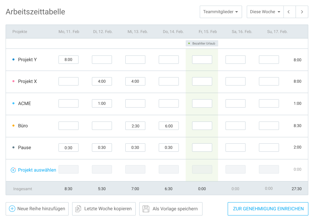 Arbeitszeittabelle ausfüllen Screenshot in Clockify