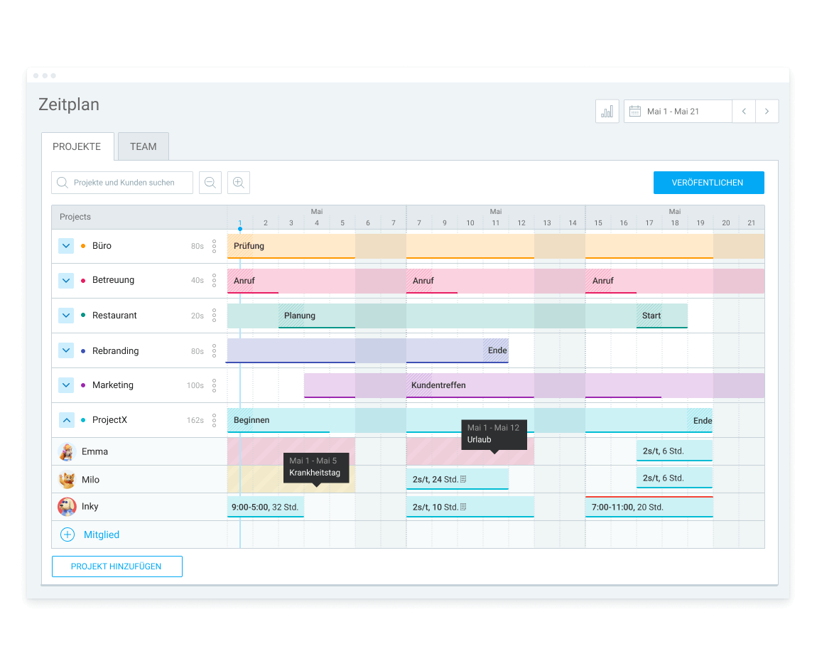 Projekt- und Teamplanung in Clockify (Screenshot)