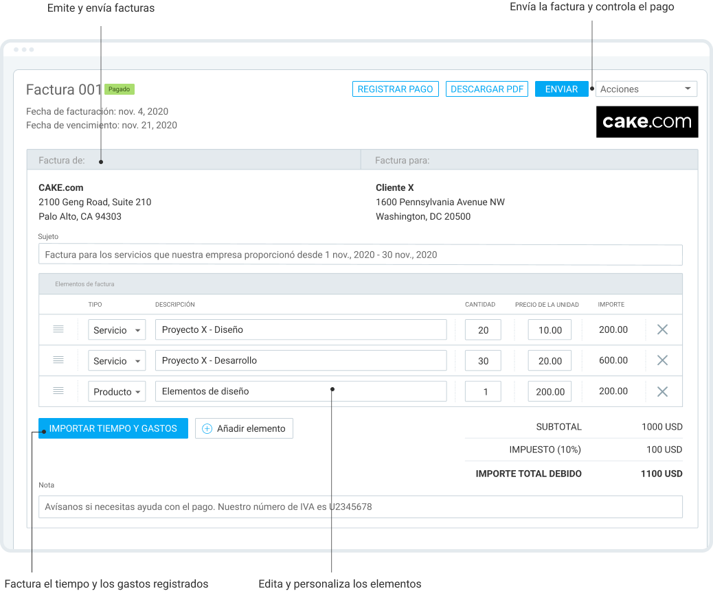 Captura de pantalla: Seguimiento de tiempo para las agencias de RRPP, con facturación
