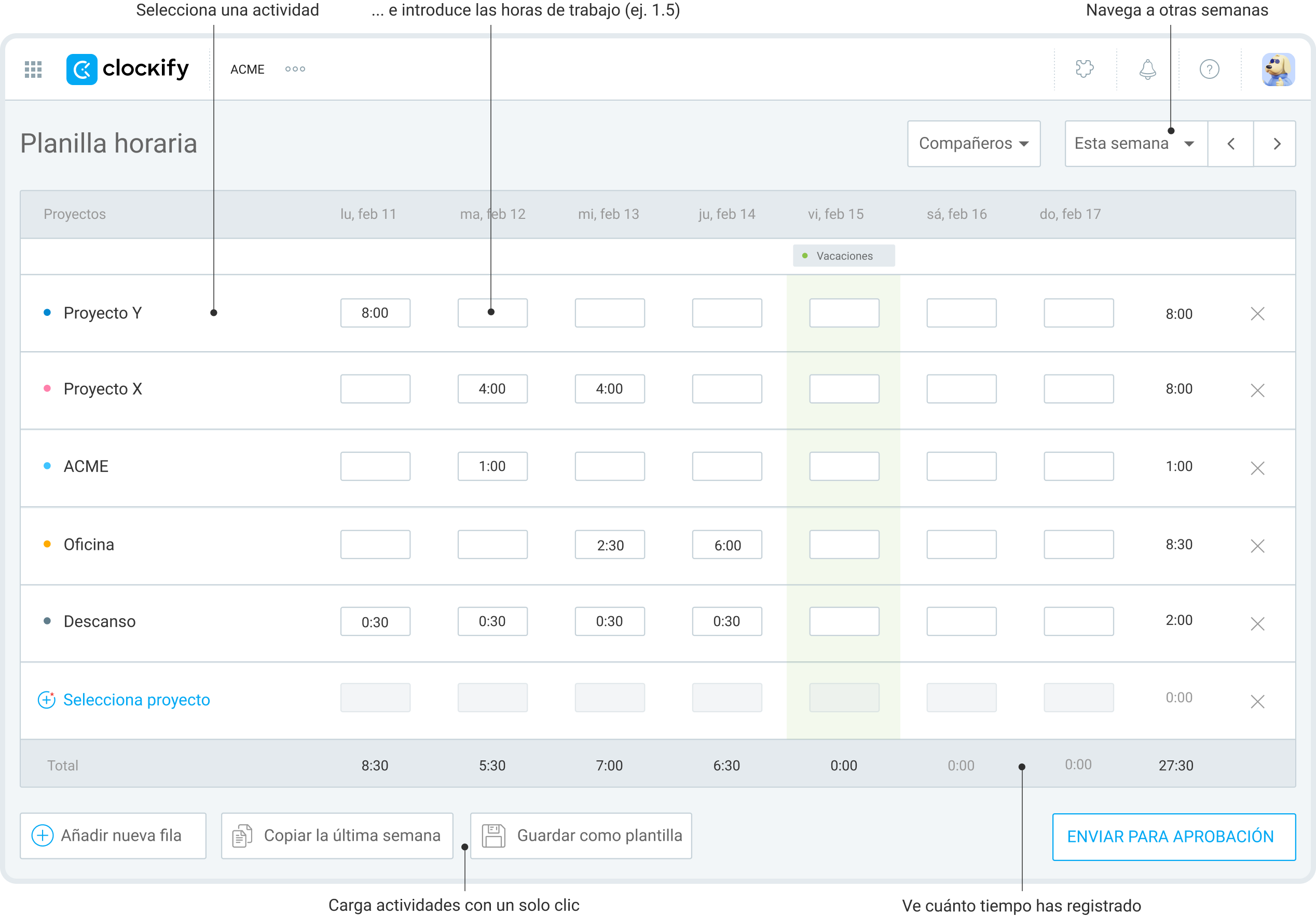 Captura de pantalla de introducción de datos en una planilla horaria en Clockify