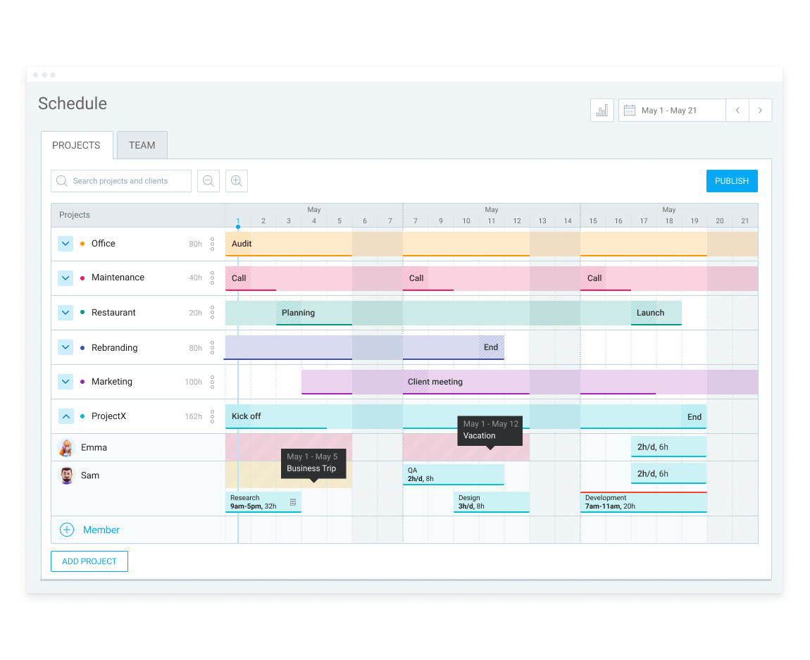Project and team scheduling feature in Clockify (screenshot)